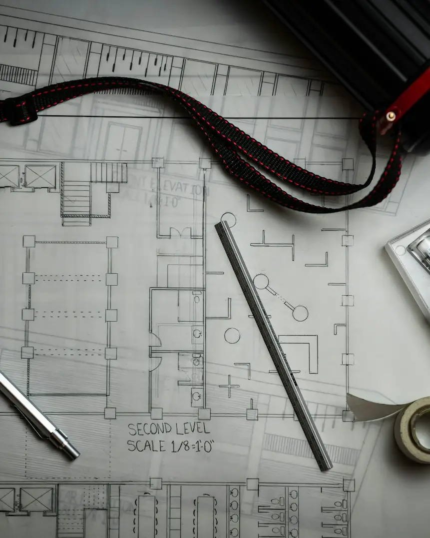 Architectural drawings with drafting pencils and a ruler